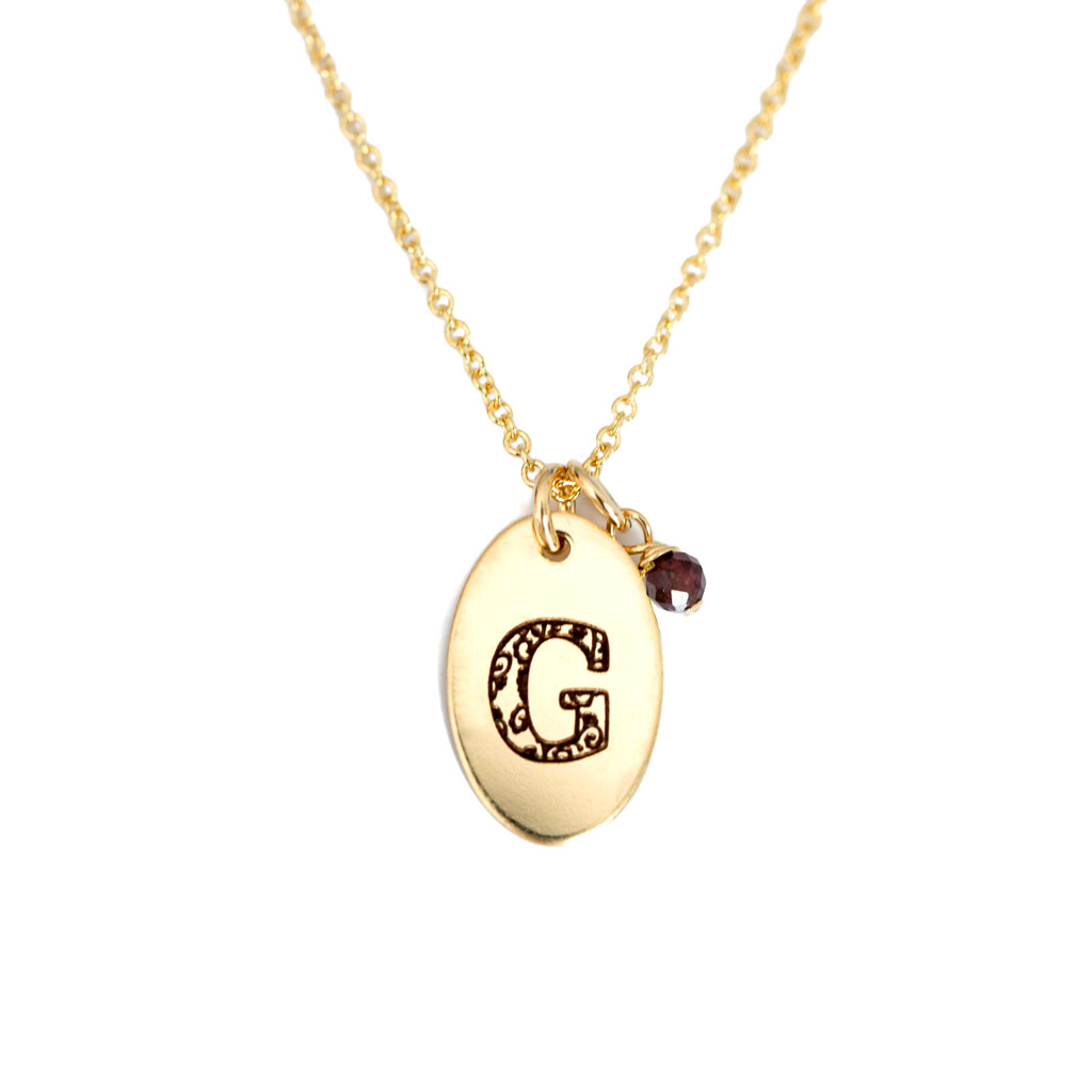 G - Birthstone Love Letters Necklace Gold and Red Garnet