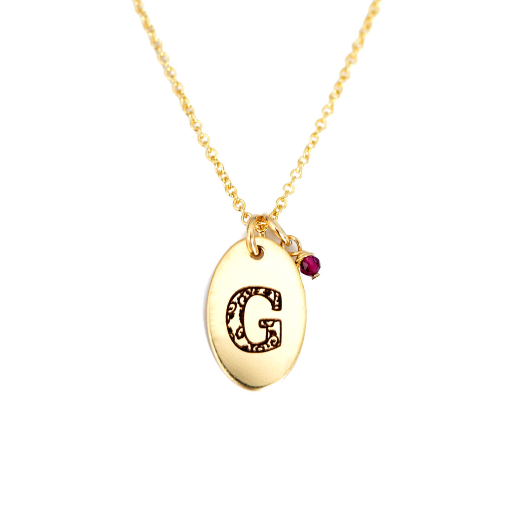 G - Birthstone Love Letters Necklace Gold and Ruby