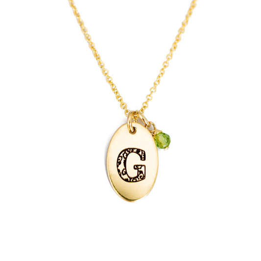 G - Birthstone Love Letters Necklace Gold and Peridot