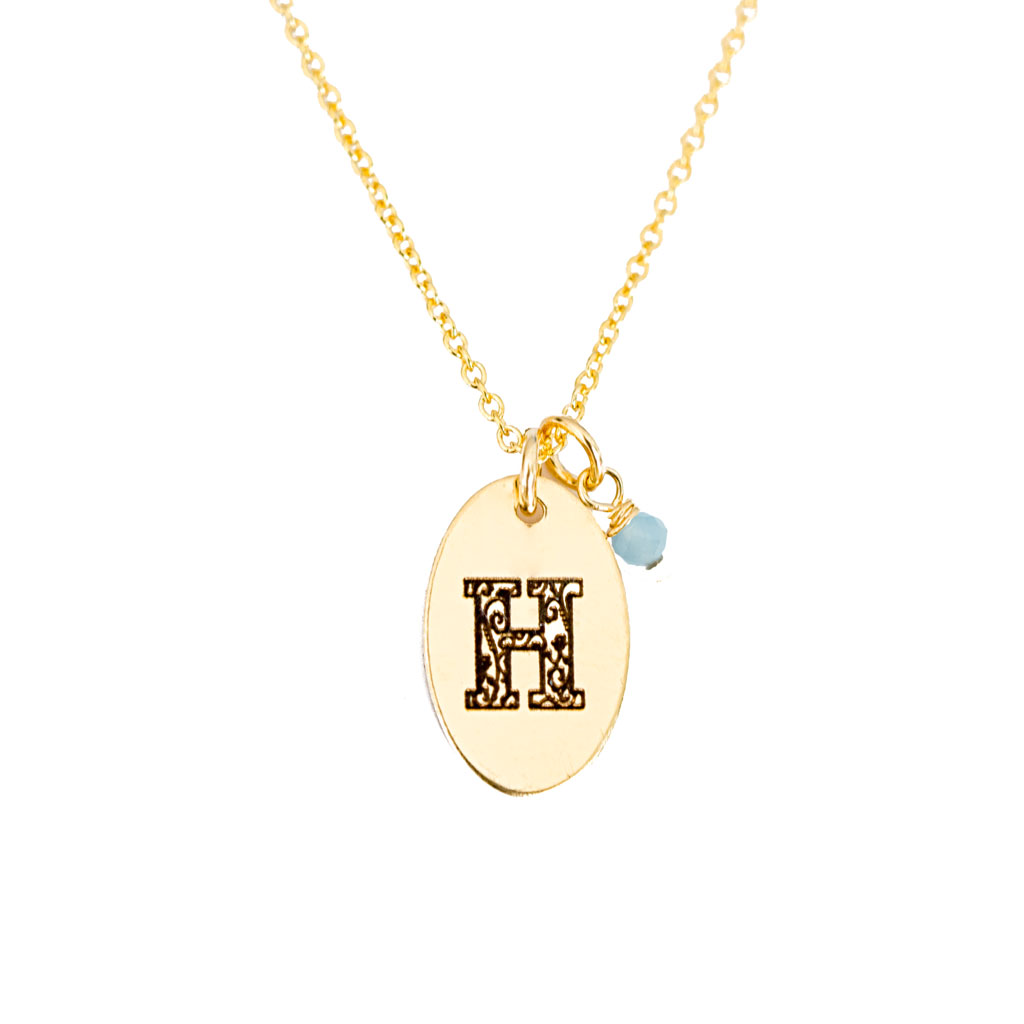 H - Birthstone Love Letters Necklace Gold and Aquamarine