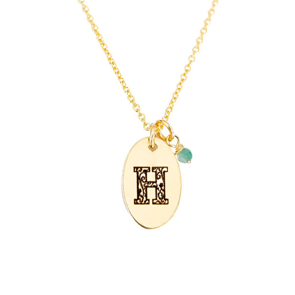 H - Birthstone Love Letters Necklace Gold and Emerald