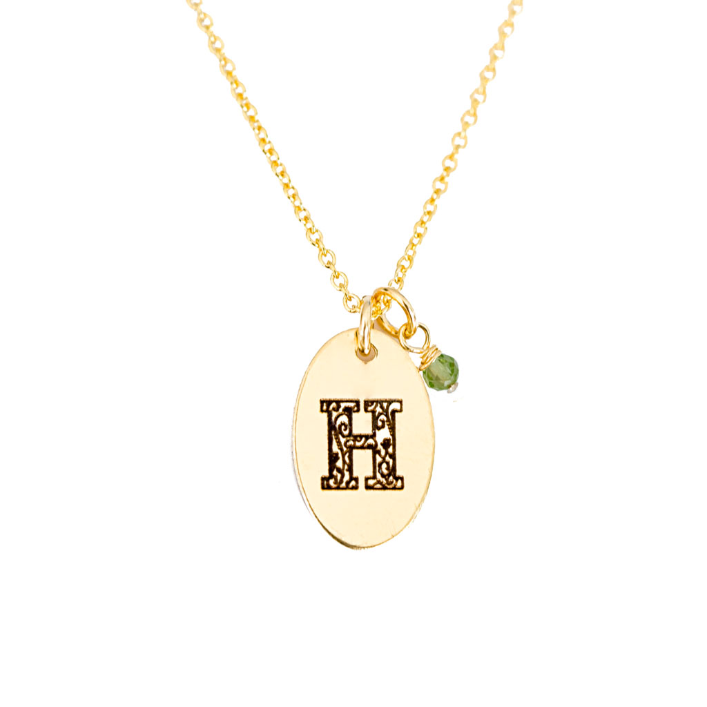 H - Birthstone Love Letters Necklace Gold and Peridot