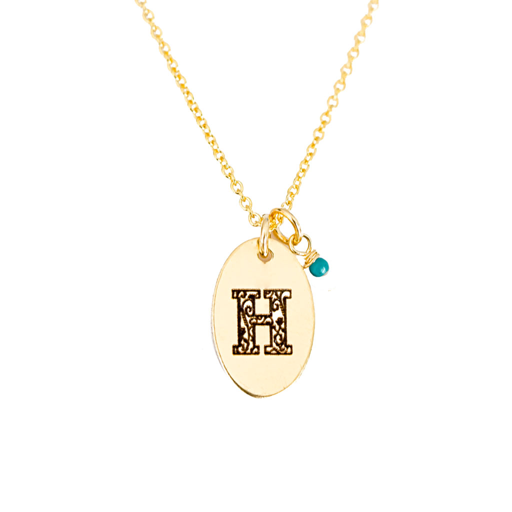 H - Birthstone Love Letters Necklace Gold and Turquoise