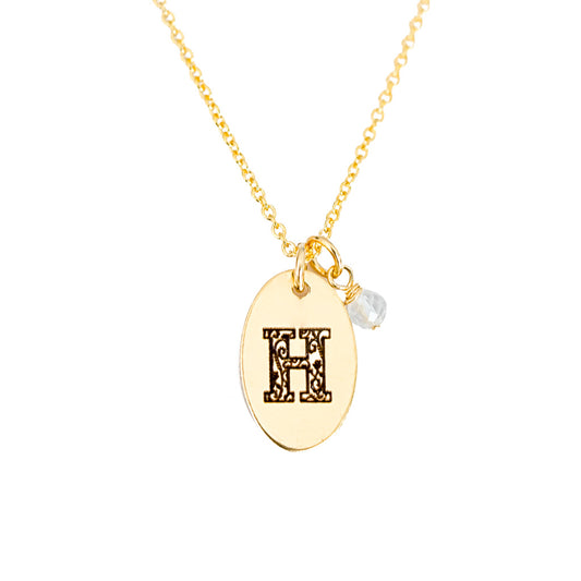 H - Birthstone Love Letters Necklace Gold and Clear Quartz