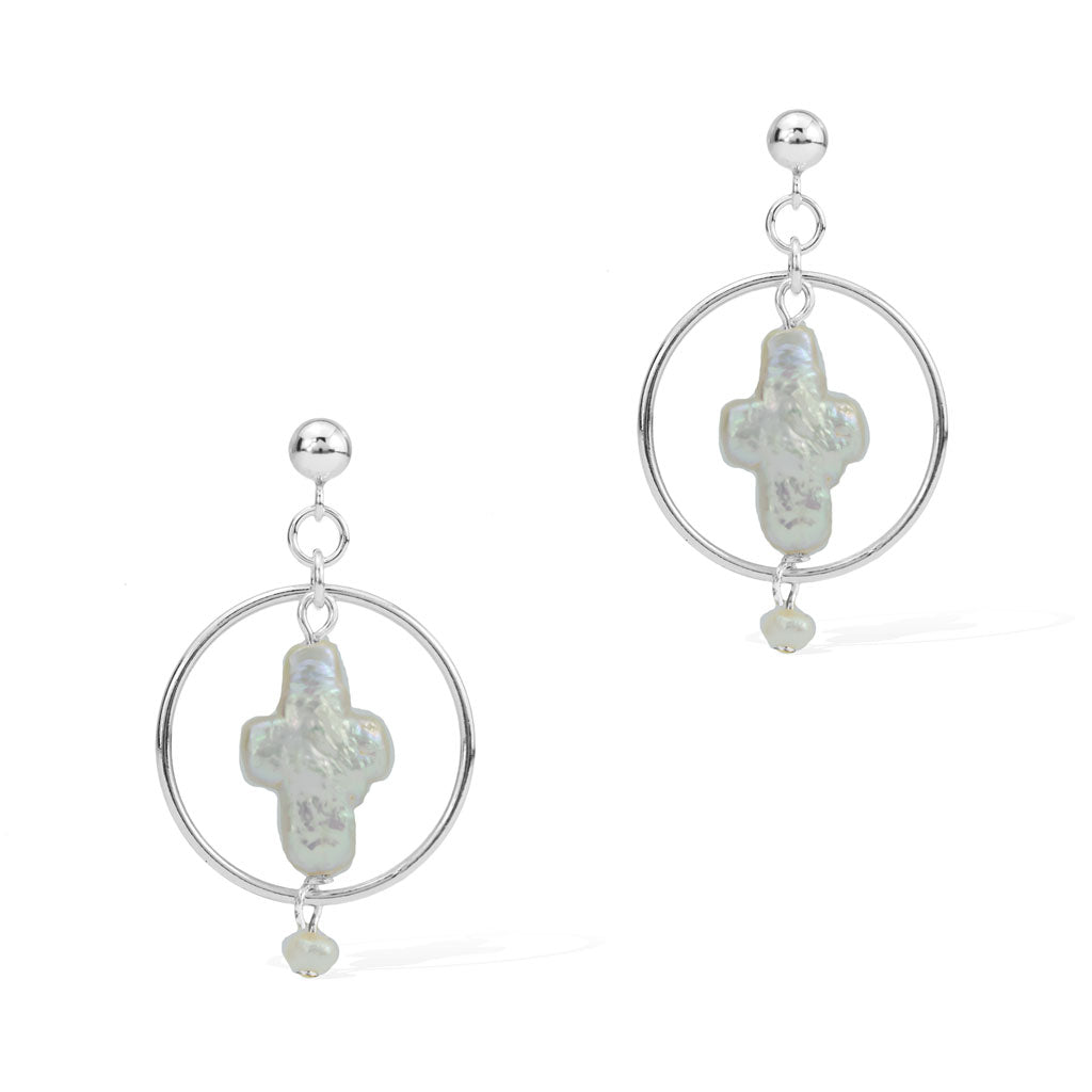 Halo Cross Earrings - Silver and Pearl