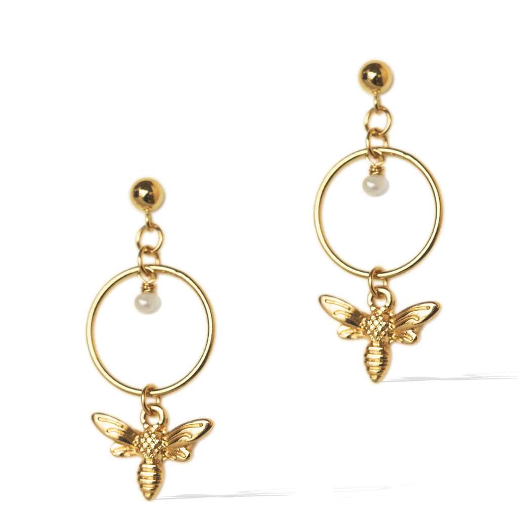 Halo Honey Bee Earrings - Gold and Pearl
