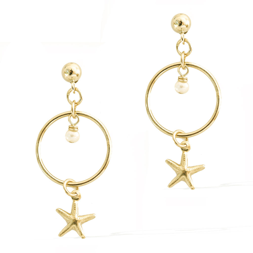 Halo Starfish Earrings - Gold and Pearl