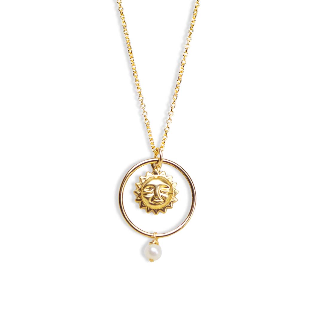 Halo sun necklace gold pearl cable chain