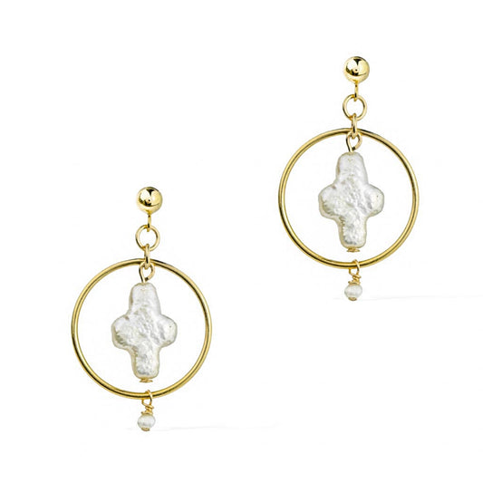 Halo Cross Earrings - Gold and Pearl
