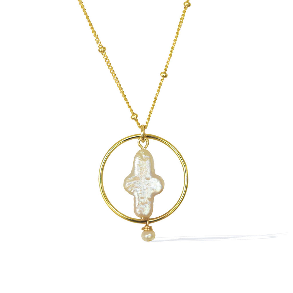 Halo Cross Necklace  satellite chain- Gold and Pearl
