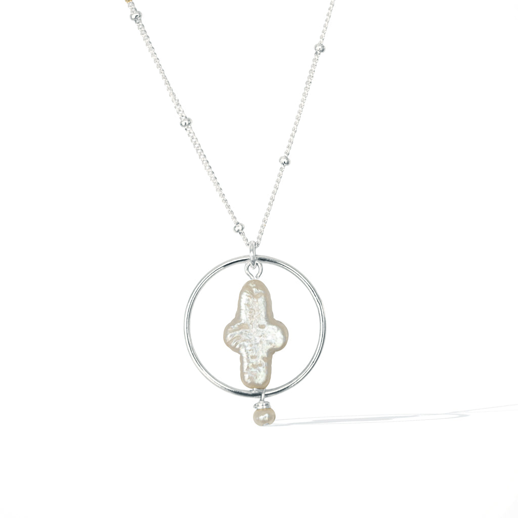 Halo Cross Necklace Silver and Pearl