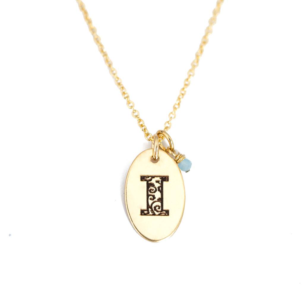 I - Birthstone Love Letters Necklace Gold and Aquamarine