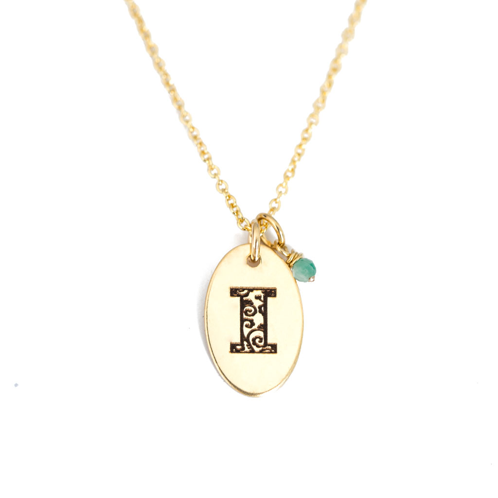 I - Birthstone Love Letters Necklace Gold and Emerald