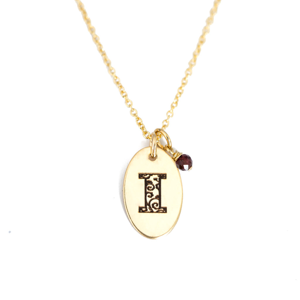 I - Birthstone Love Letters Necklace Gold and Red Garnet