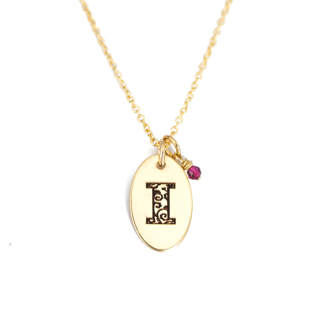 I - Birthstone Love Letters Necklace Gold and Ruby