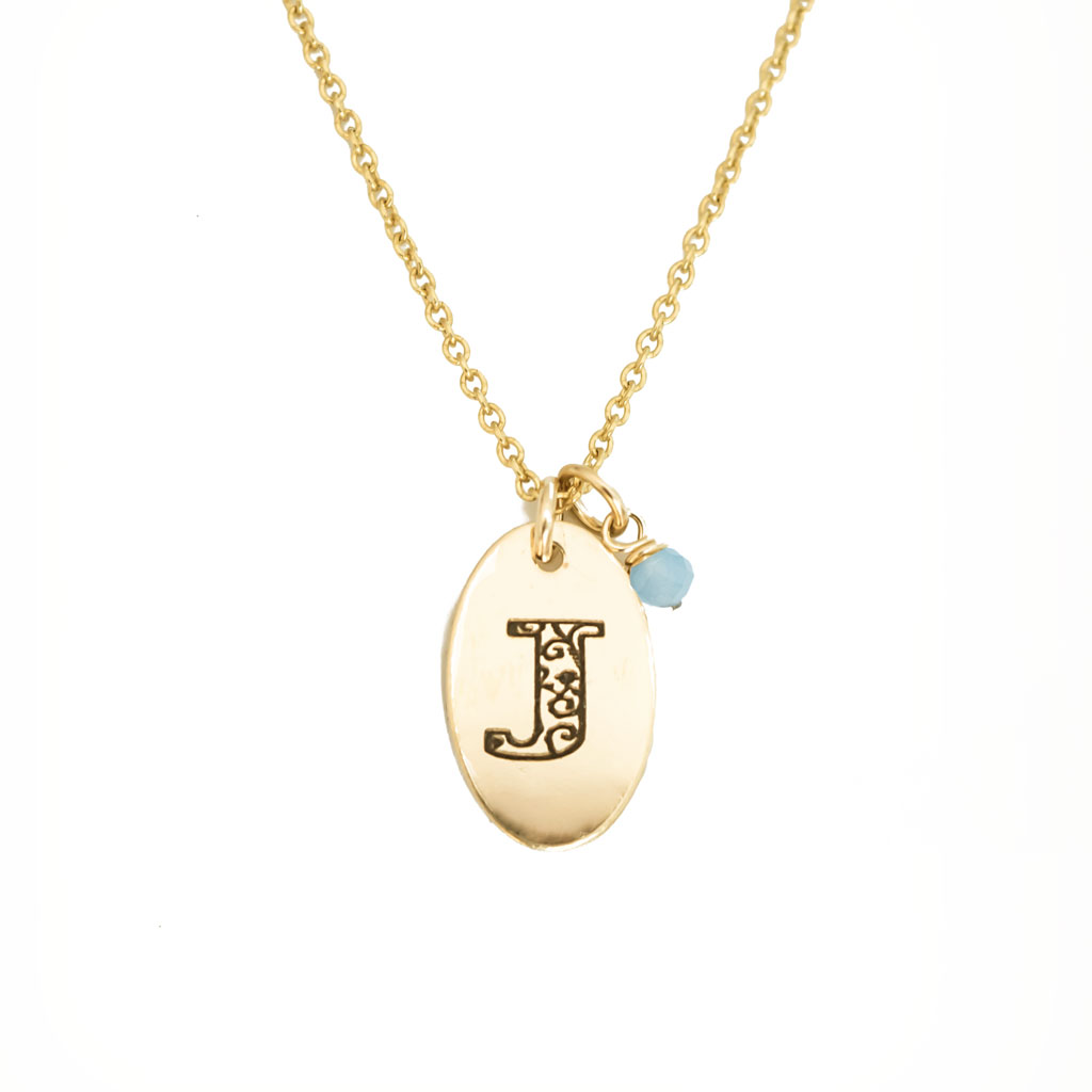 J - Birthstone Love Letters Necklace Gold and Aquamarine