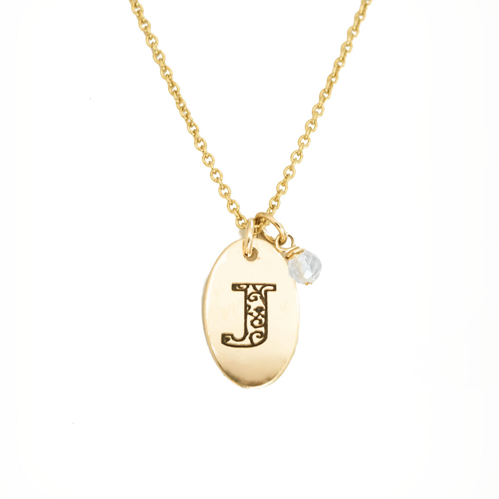 J - Birthstone Love Letters Necklace Gold and Clear Quartz