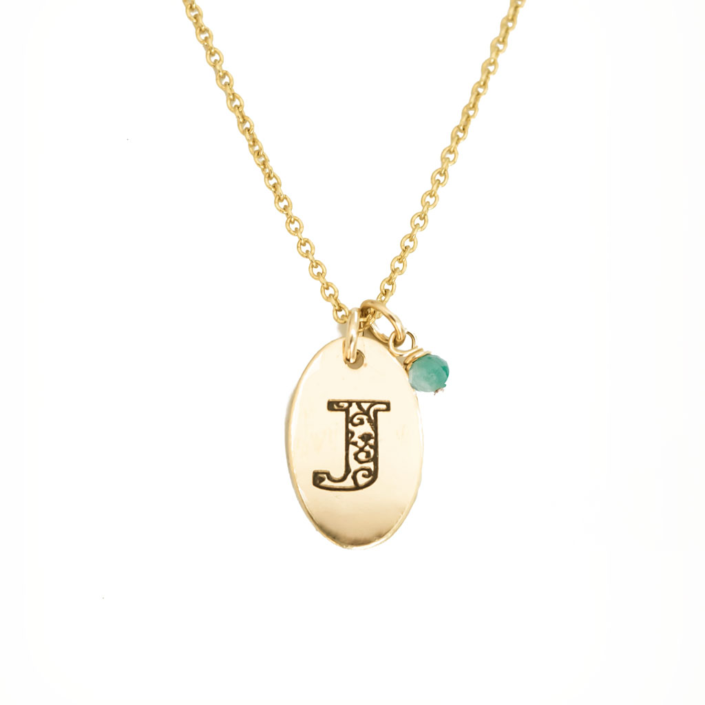 J - Birthstone Love Letters Necklace Gold and Emerald