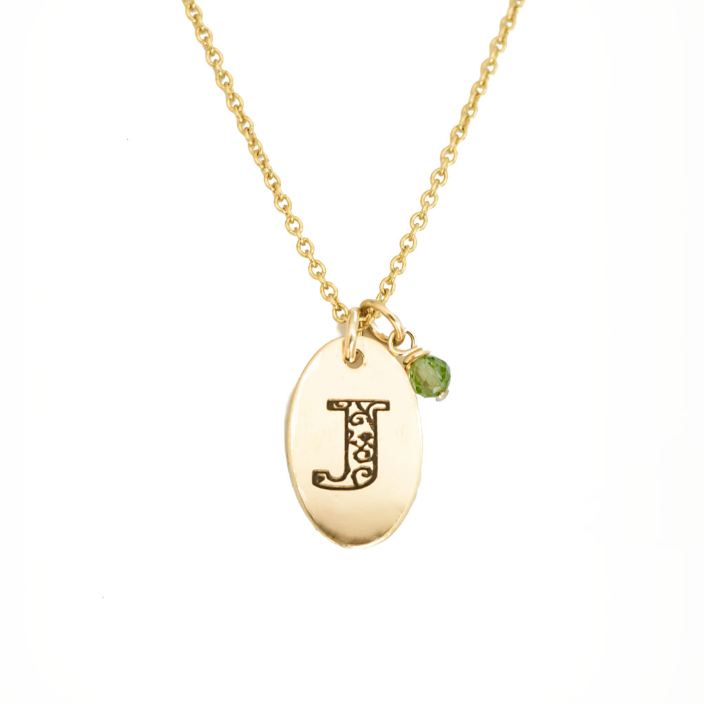 J - Birthstone Love Letters Necklace Gold and Peridot
