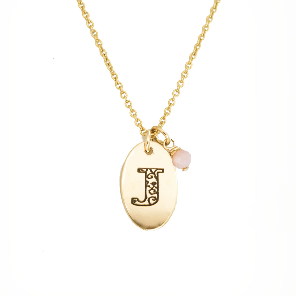 J - Birthstone Love Letters Necklace Gold and Pink Opal