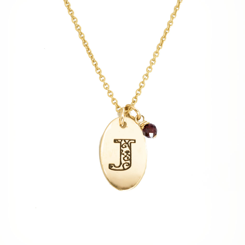J - Birthstone Love Letters Necklace Gold and Red Garnet