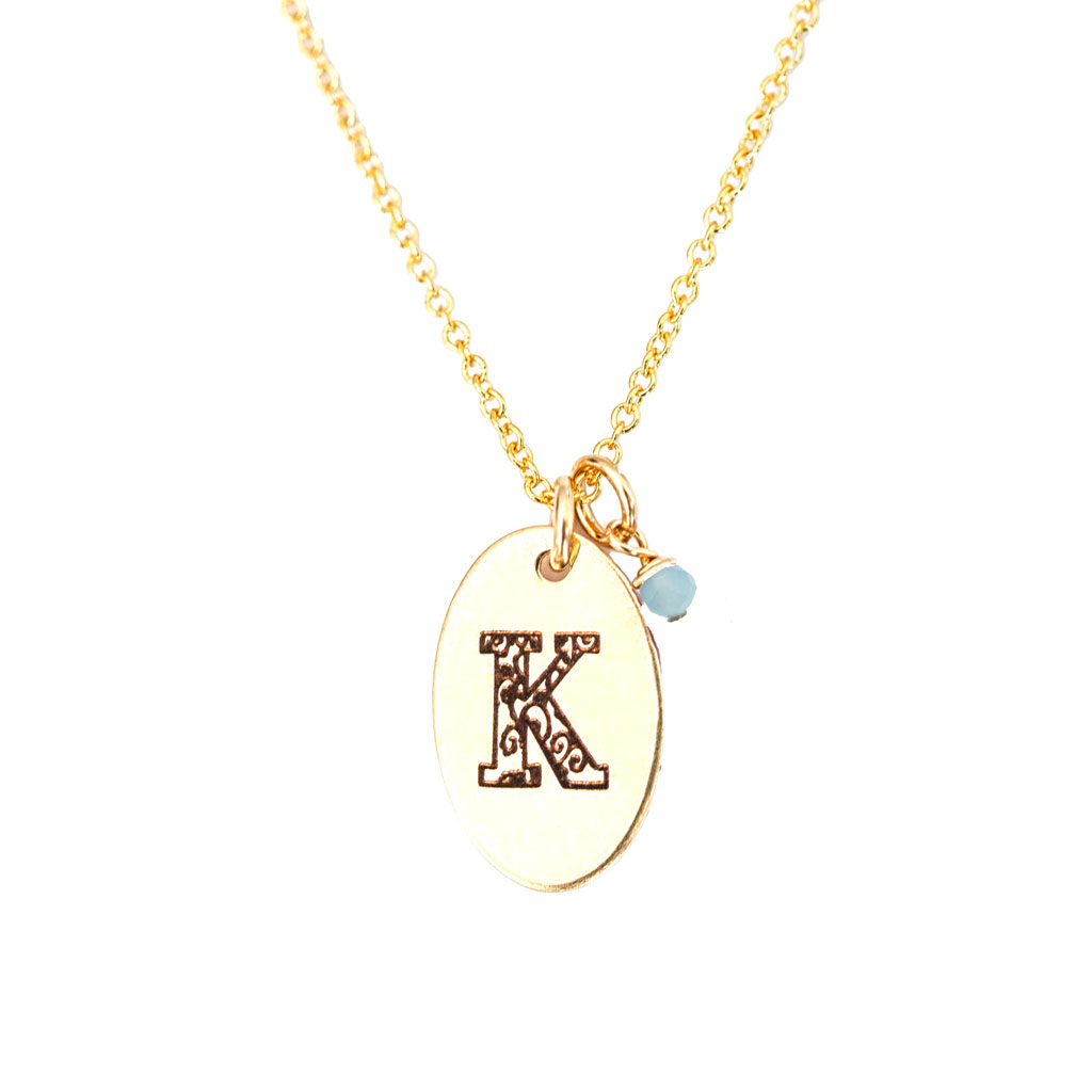 K - Birthstone Love Letters Necklace Gold and Aquamarine