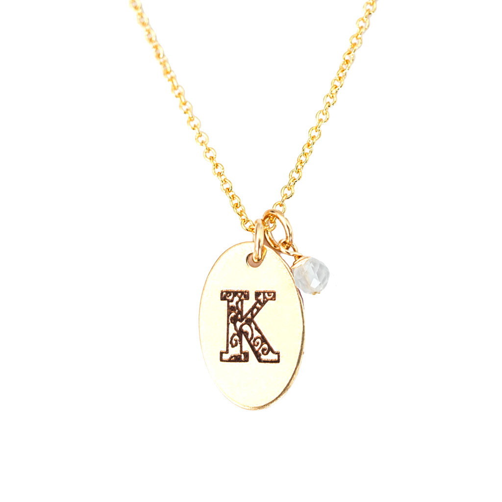 K - Birthstone Love Letters Necklace Gold and Clear Quartz