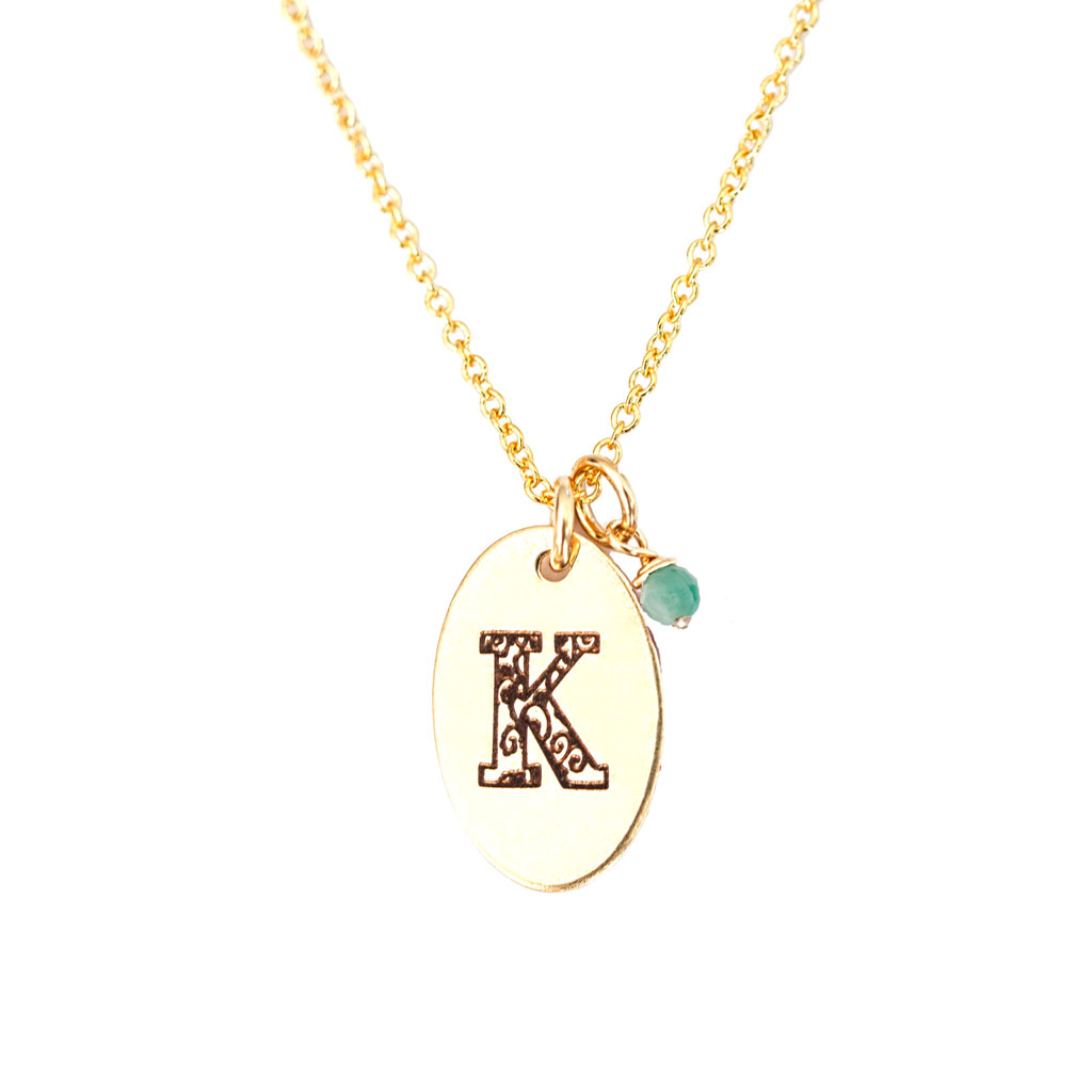 K - Birthstone Love Letters Necklace Gold and Emerald