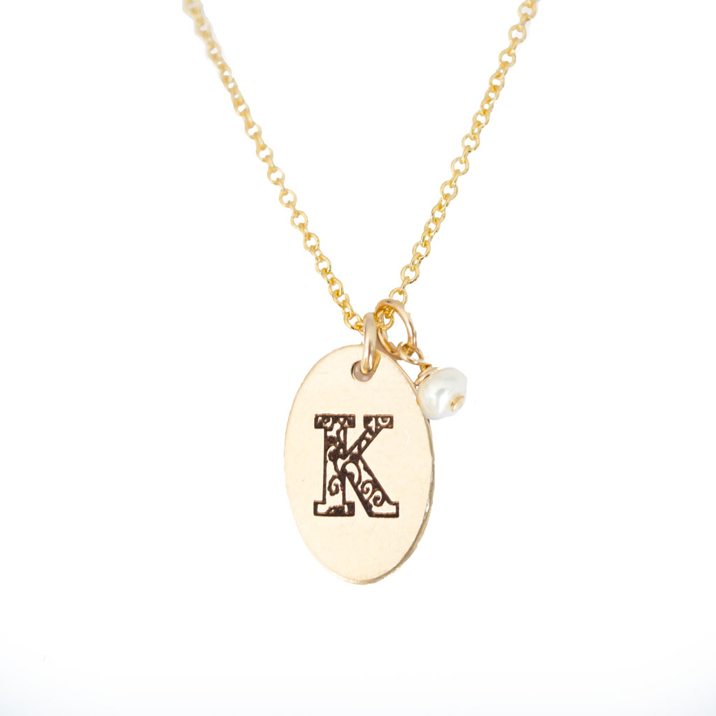 K - Birthstone Love Letters Necklace Gold and Pearl