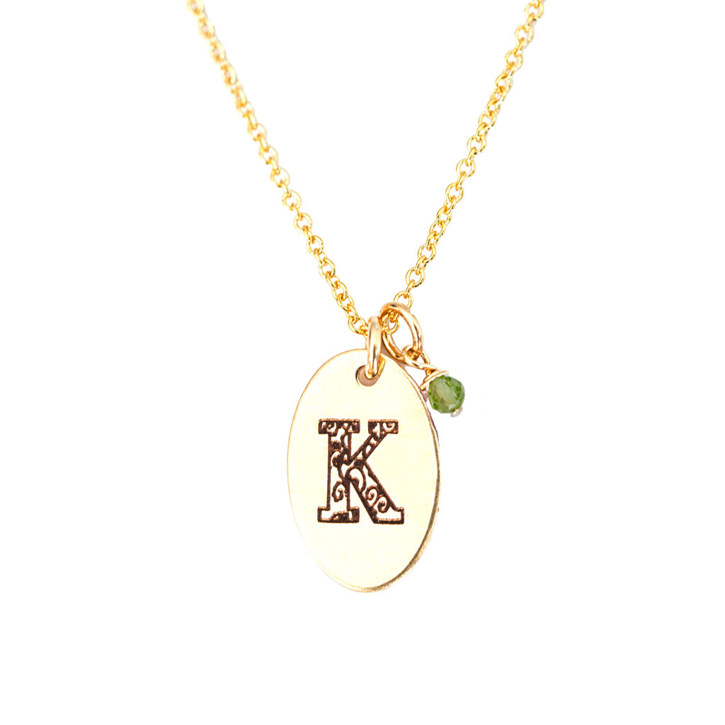 K - Birthstone Love Letters Necklace Gold and Peridot