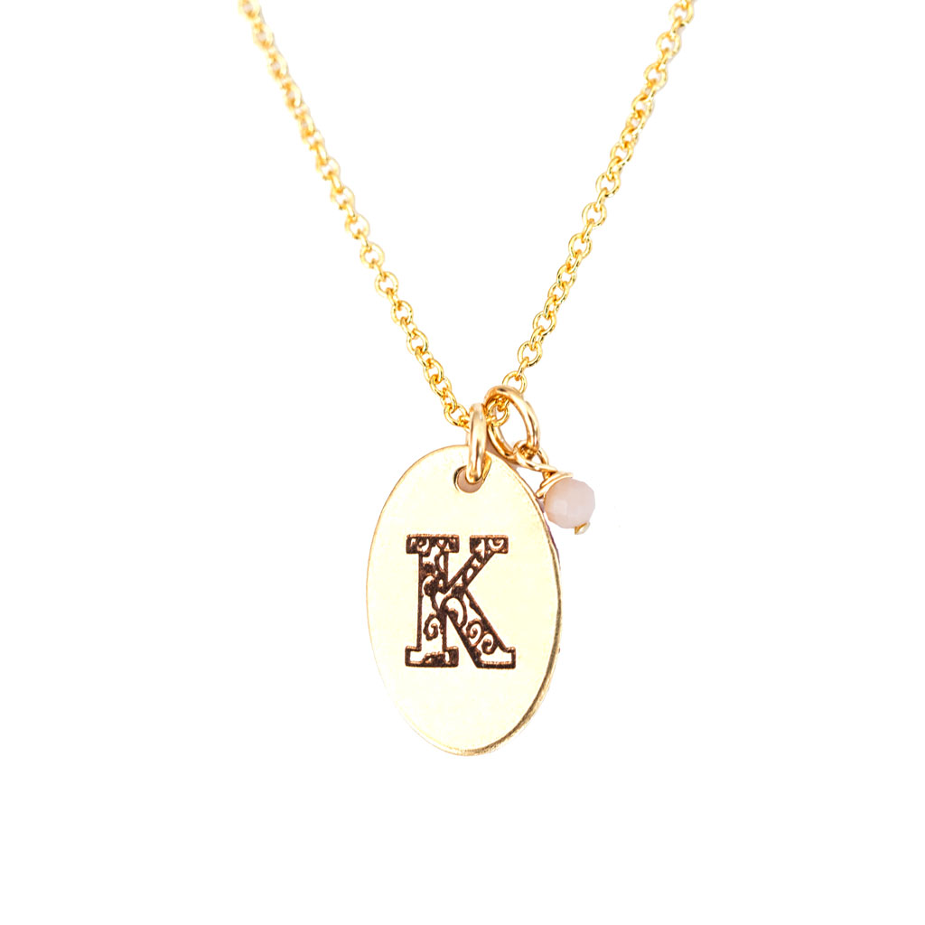 K - Birthstone Love Letters Necklace Gold and Pink Opal