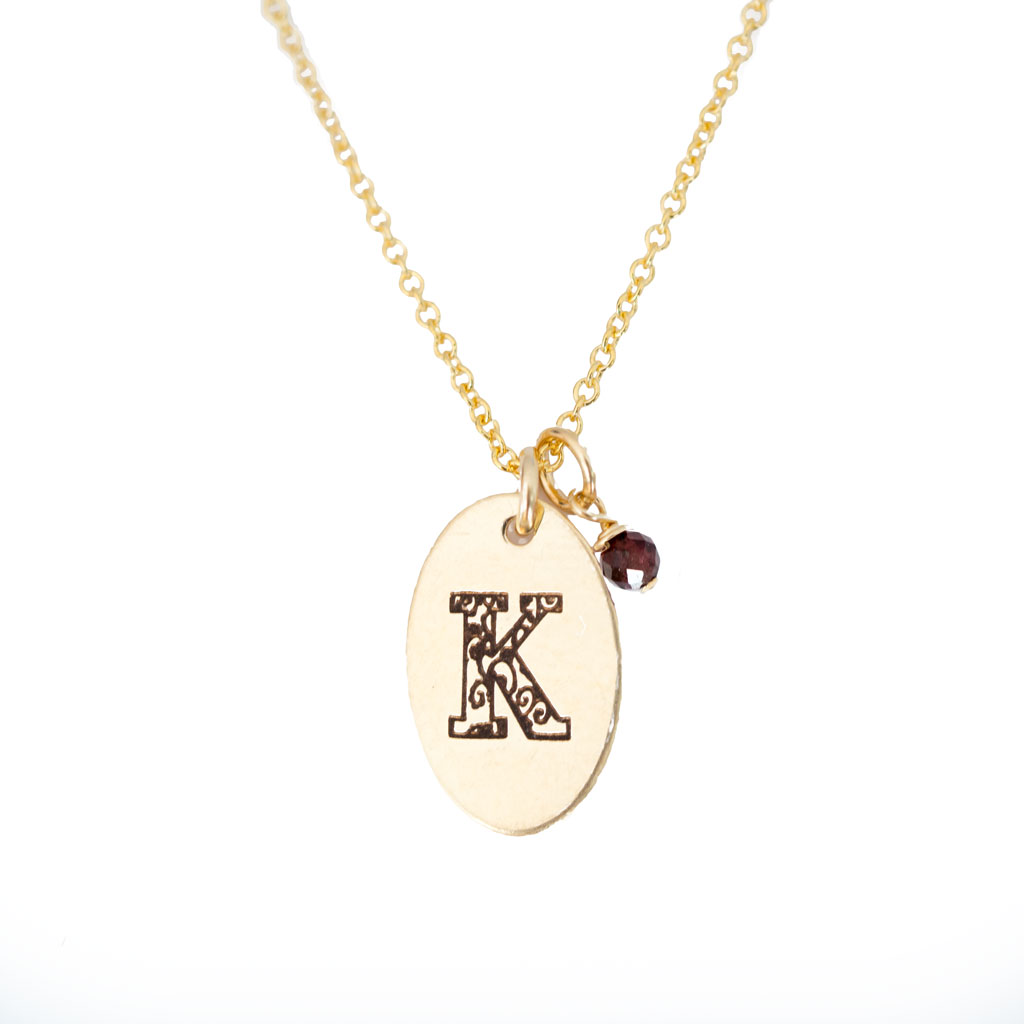 K - Birthstone Love Letters Necklace Gold and Red Garnet