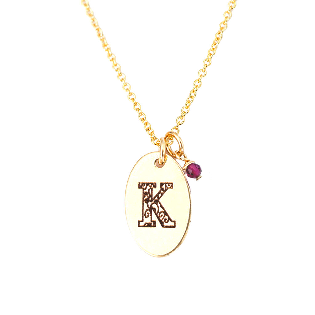 K - Birthstone Love Letters Necklace Gold and Ruby