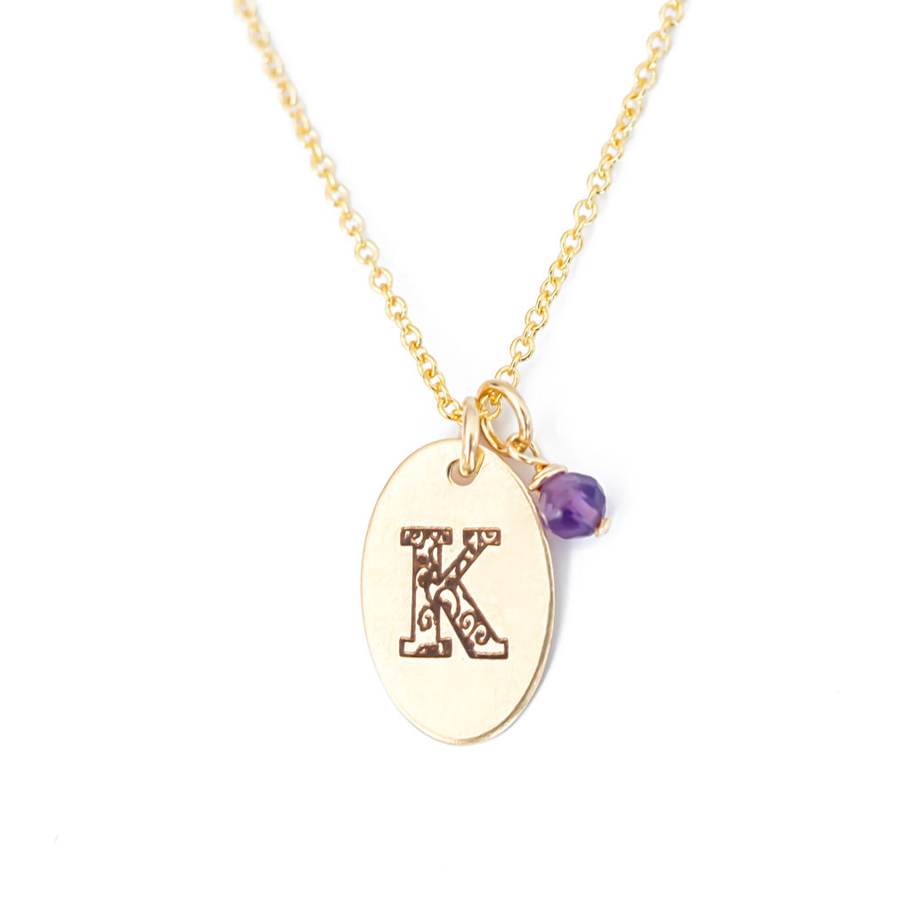 K - Birthstone Love Letters Necklace Gold and Amethyst