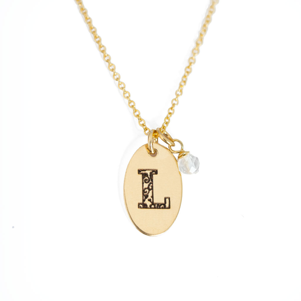 L - Birthstone Love Letters Necklace Gold and Clear Quartz