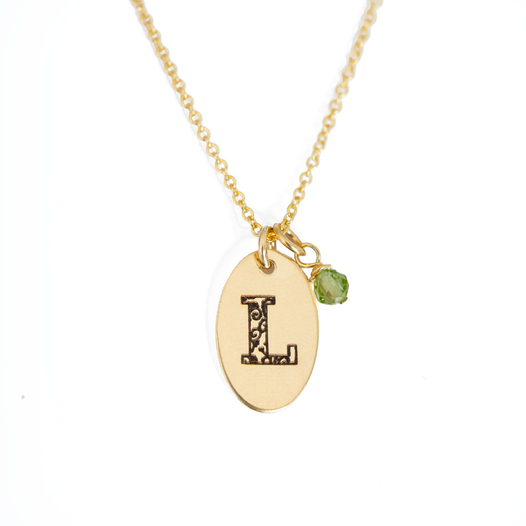 L - Birthstone Love Letters Necklace Gold and Peridot