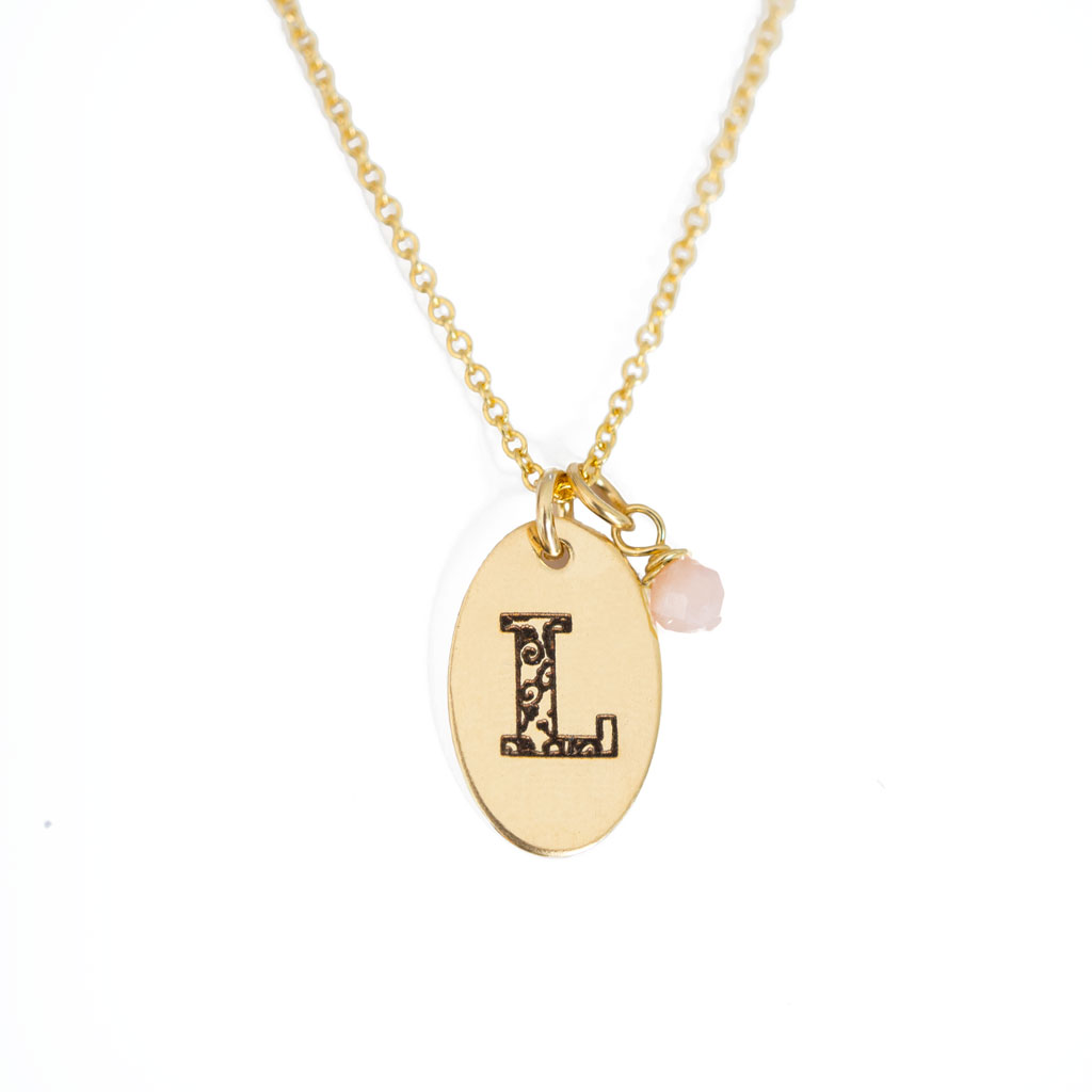 L - Birthstone Love Letters Necklace Gold and Pink Opal