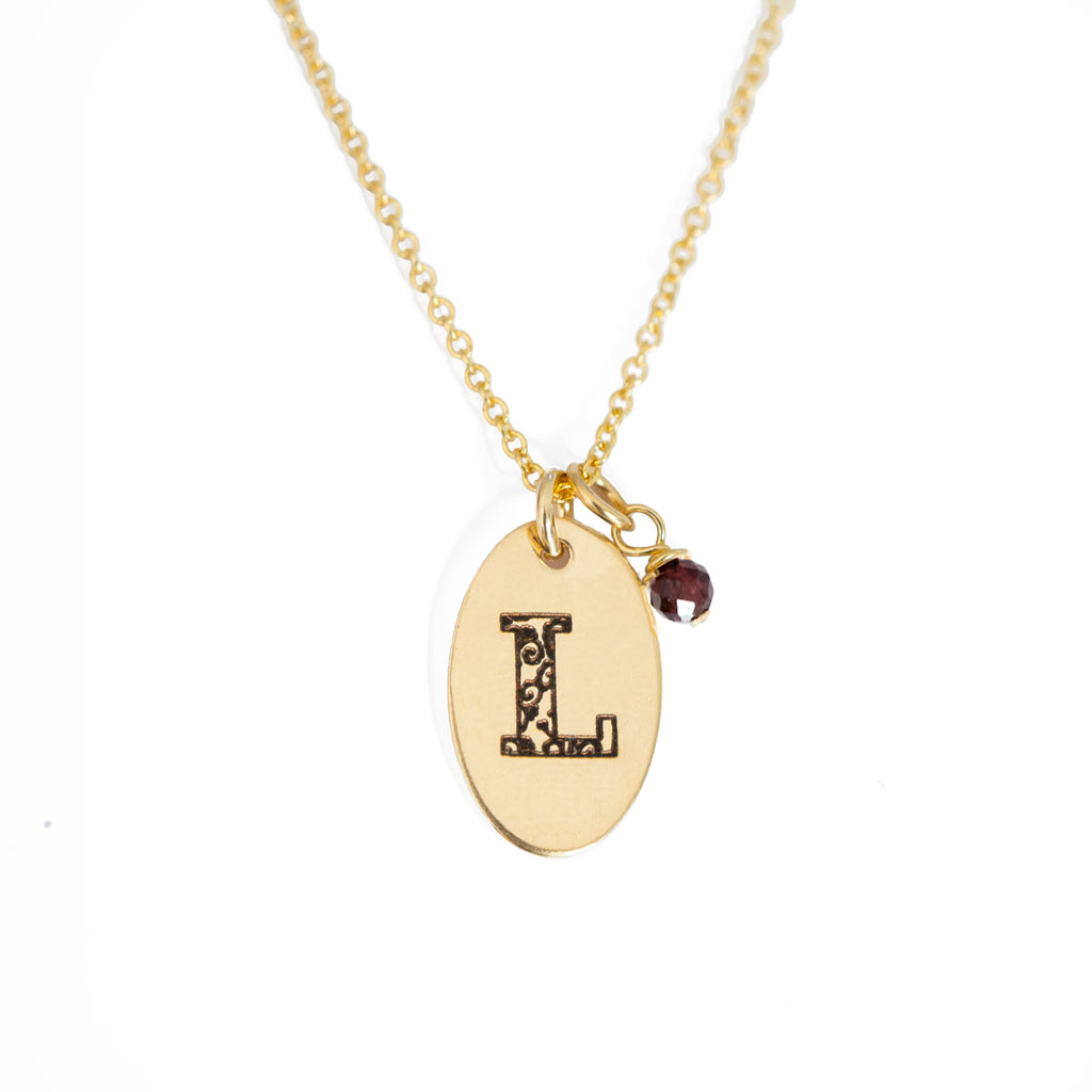 L - Birthstone Love Letters Necklace Gold and Red Garnet