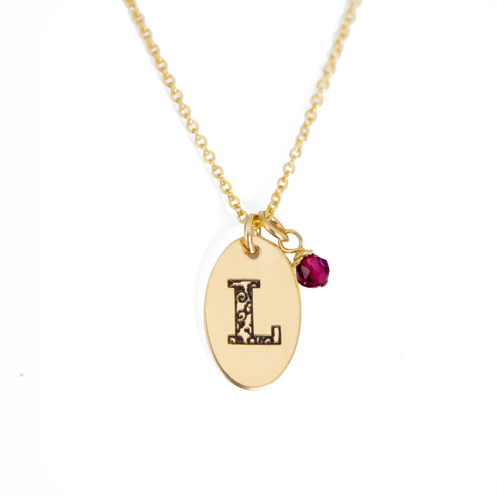 L - Birthstone Love Letters Necklace Gold and Ruby
