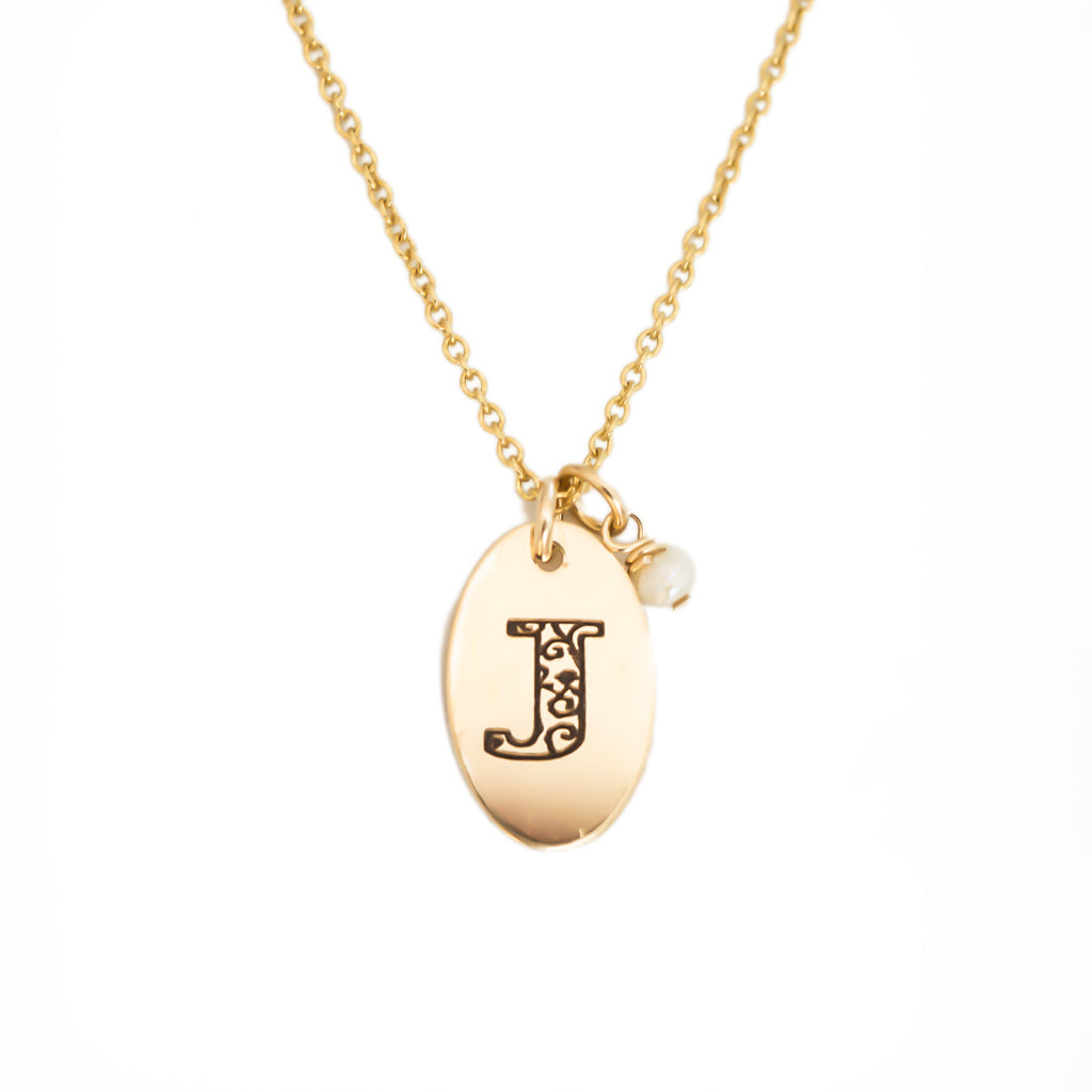 J - Birthstone Love Letters Necklace Gold and Pearl
