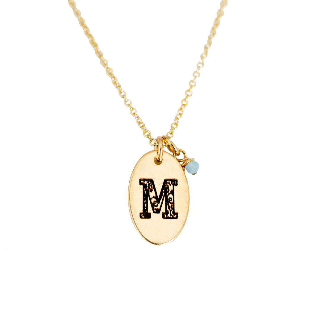M - Birthstone Love Letters Necklace Gold and Aquamarine