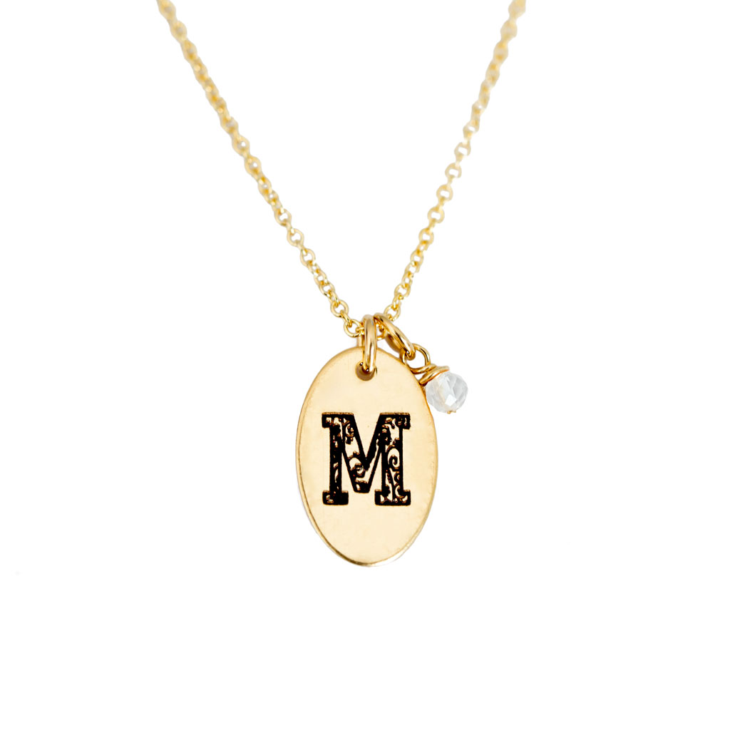 M - Birthstone Love Letters Necklace Gold and Clear Quartz