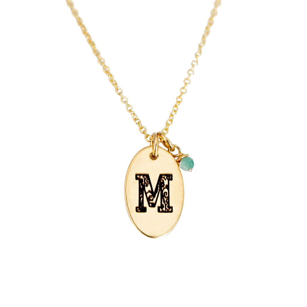 M - Birthstone Love Letters Necklace Gold and Emerald