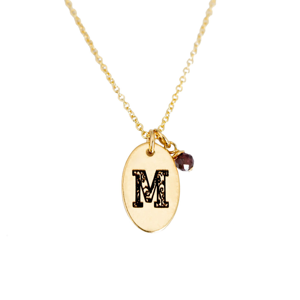 M - Birthstone Love Letters Necklace Gold and Red Garnet