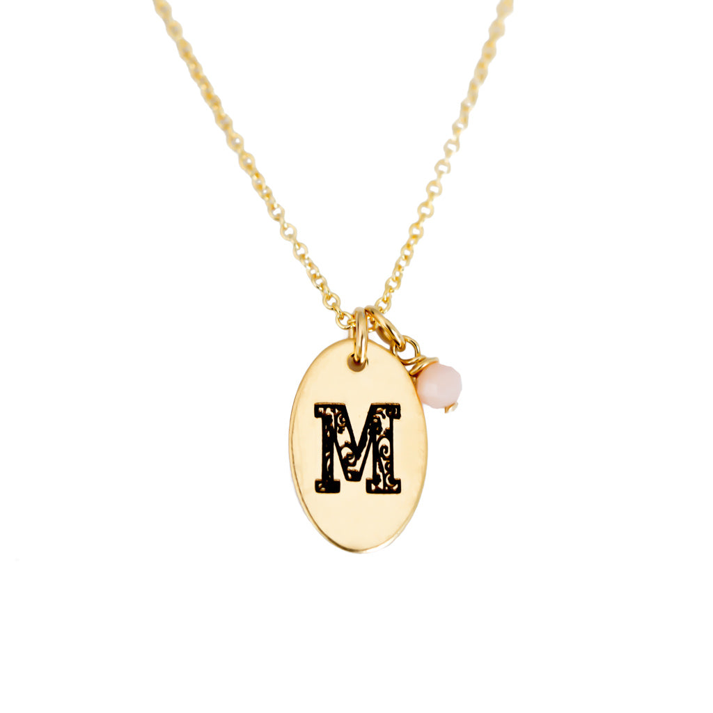 M - Birthstone Love Letters Necklace Gold and Pink Opal