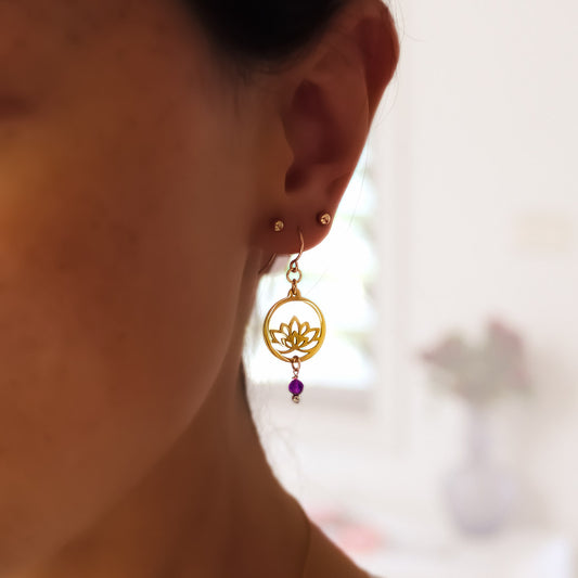Model wearing Baby Lotus earrings Gold amethyst