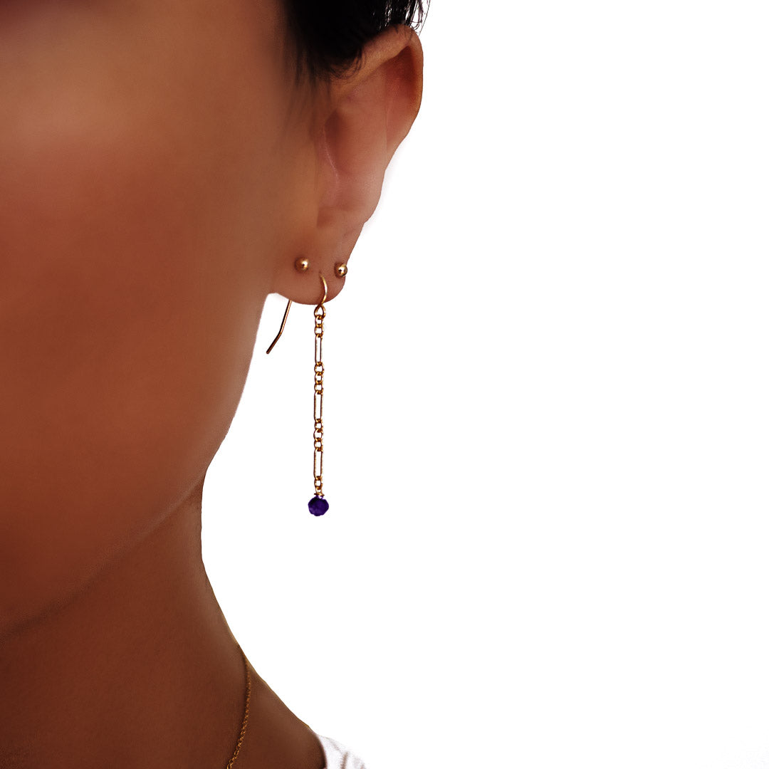 Model wearing Chain Mail Earrings - Gold and Amethyst