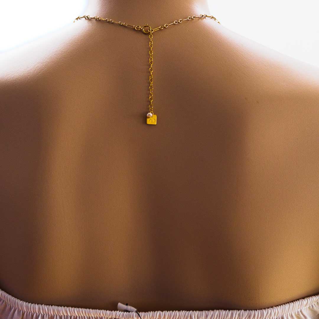 Model wearing Chain MAil necklace back view TAG