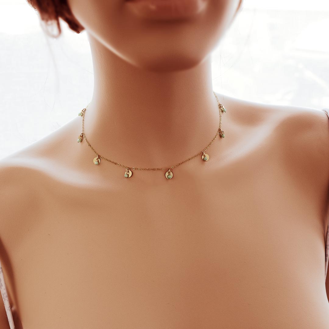 Model wearing Charmed Phoebe necklace gold amazonite