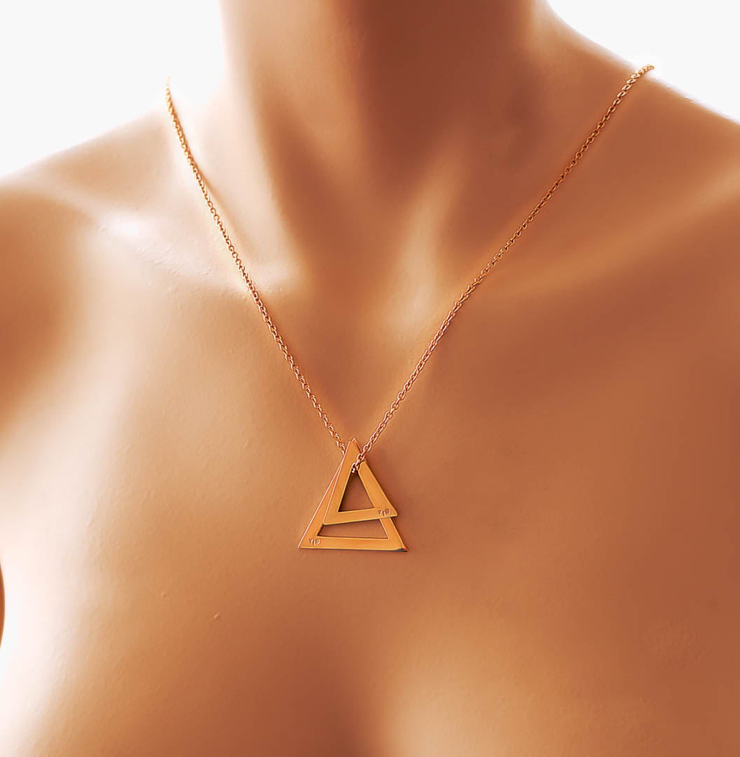 model wearing double deltaglyph rose gold short chain